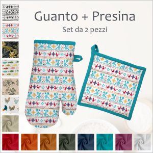 Set coordinato composto da presina + guanto da cucina – 100% cotone – diverse fantasie e colori