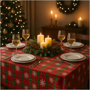 Tovaglia natalizia – 100% Cotone – Diverse fantasie e colori - Tovaglia 140 x 220, Natale - TARTAN NEVE