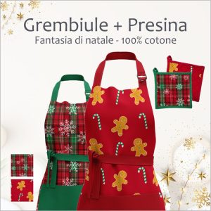 Set Grembiule+Presina di Natale - 100% Cotone - Diverse fantasie e colori