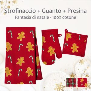 Set Strofinaccio + Guanto + Presina di Natale - 100% Cotone - Diverse fantasie e colori